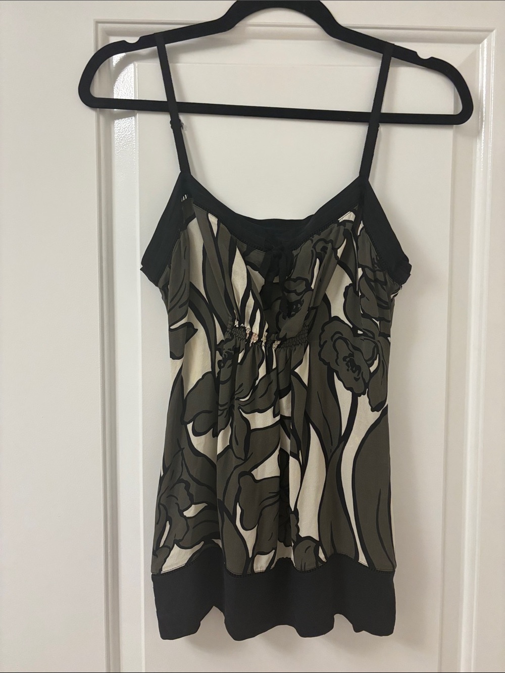 BCBG Y2K Olive Floral Print Spaghetti Strap Silk Tank Top